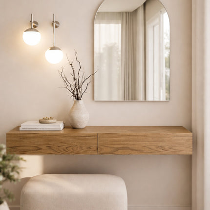 Arc de Triomphe mirror by Spiegel & More with a white aluminum frame, measuring 60x80 cm, elegantly placed above an entryway console table.