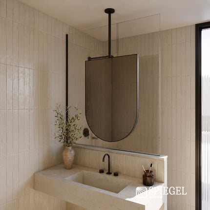 Ceiling mounted Celeste arched mirror in contemporary bathroom