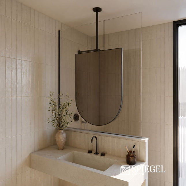 Ceiling mounted Celeste arched mirror in contemporary bathroom