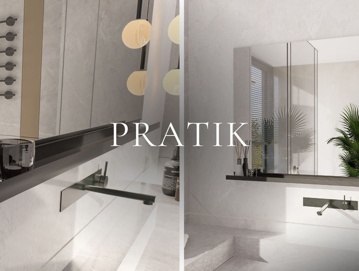Pratik Wall Mirror with full-length aluminum shelf, showcasing a close-up of bathroom essentials neatly stored and a wider view of the mirror mounted above a sink in a modern bathroom.